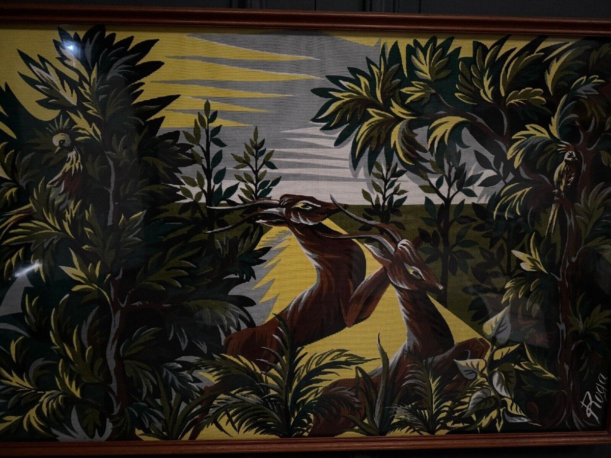 Tapestry On Panel By Roga Mid-20th Century Antelopes In The Savannah-photo-2
