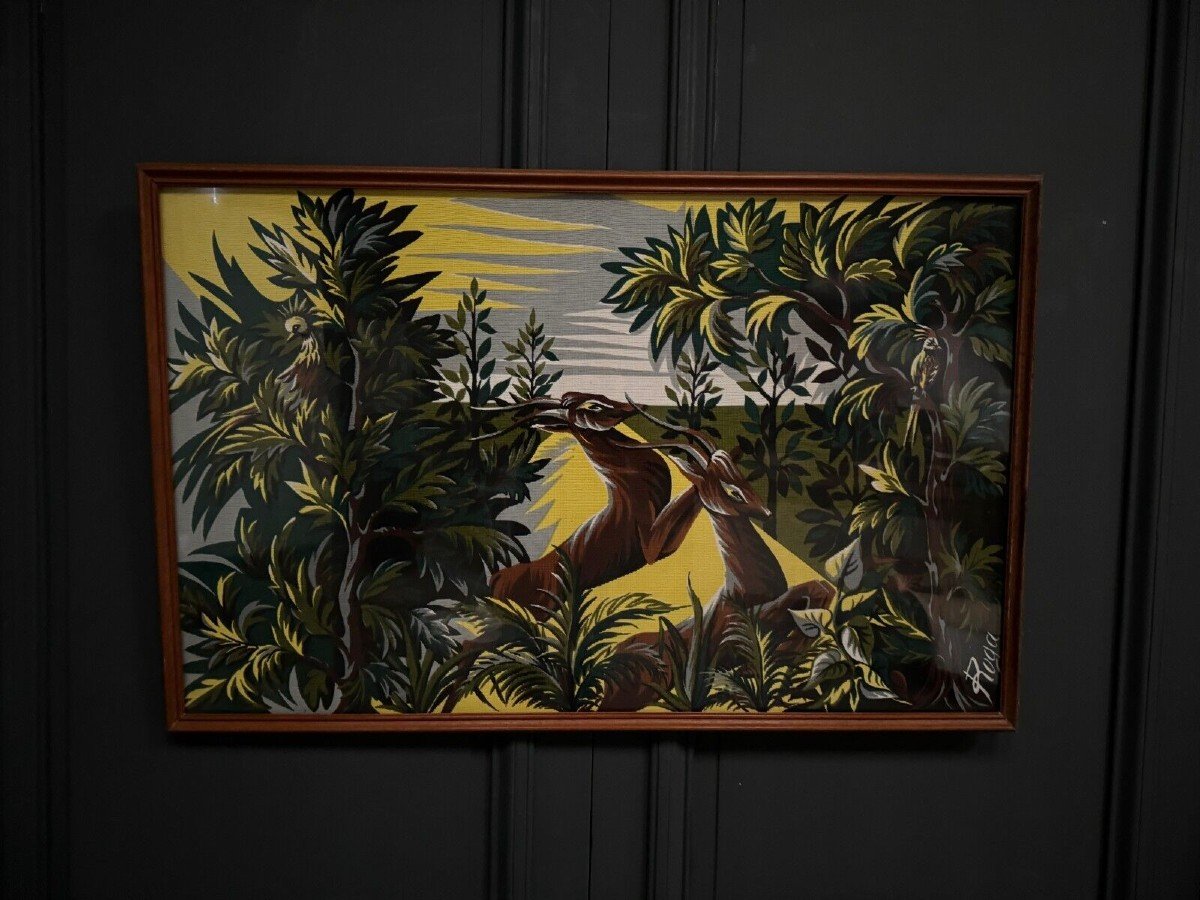 Tapestry On Panel By Roga Mid-20th Century Antelopes In The Savannah