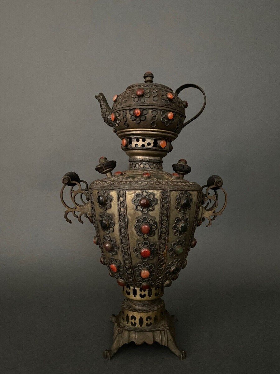 Samovar en laiton cuivre Tibet XXe filigrané avec incrustations-photo-4