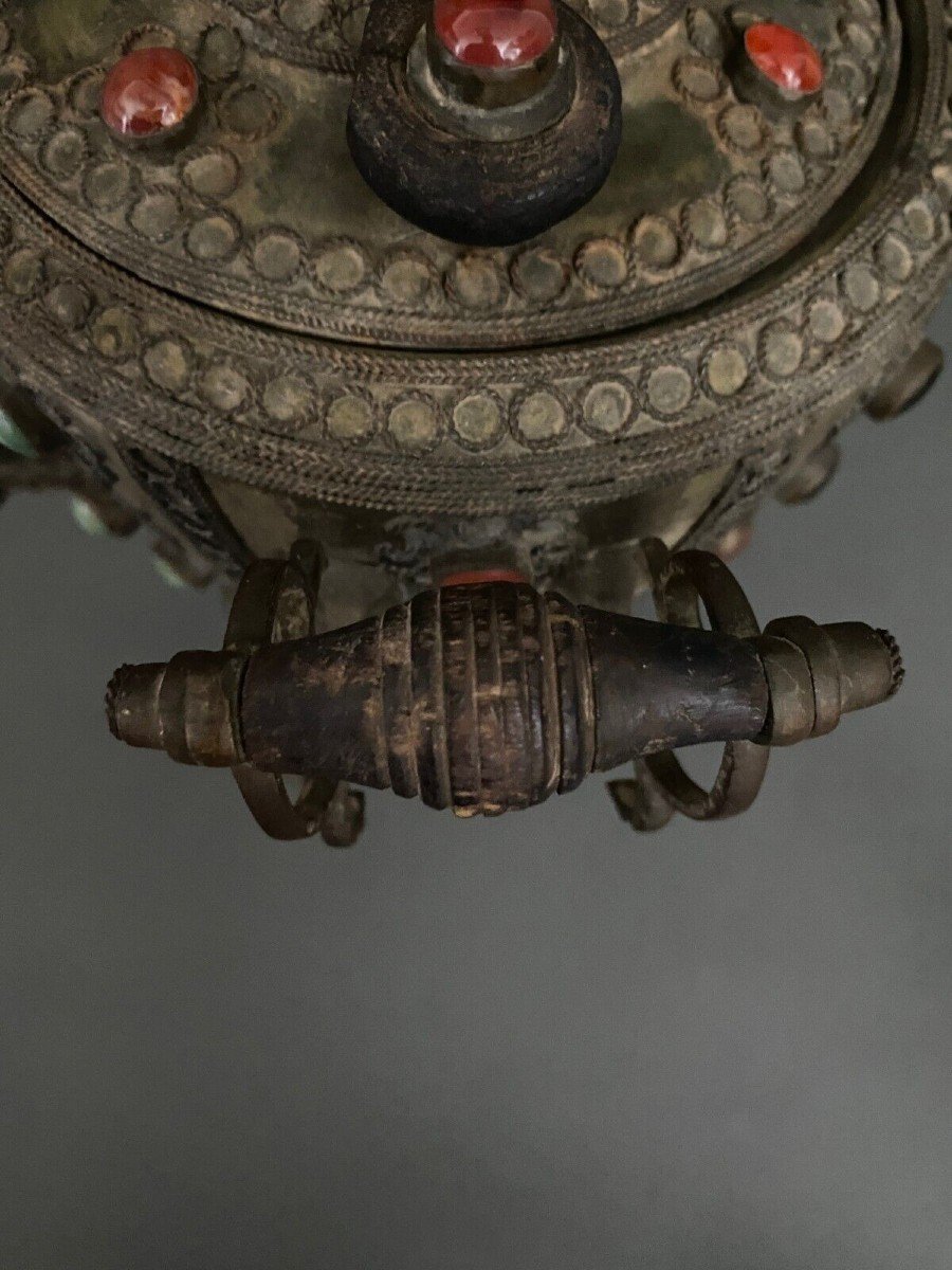 Tibetan Copper Brass Samovar 20th Century Filigree With Inlays-photo-7