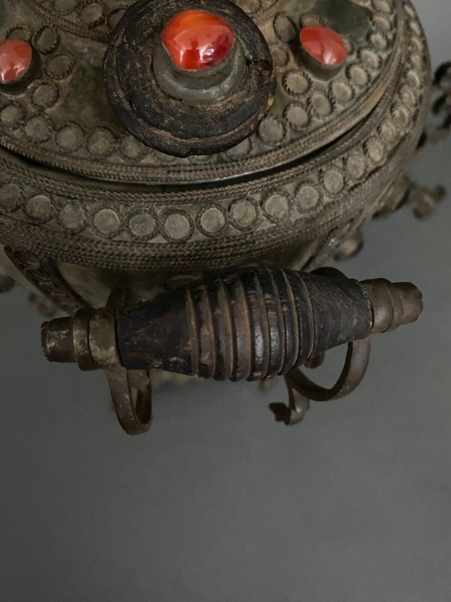 Samovar en laiton cuivre Tibet XXe filigrané avec incrustations-photo-8