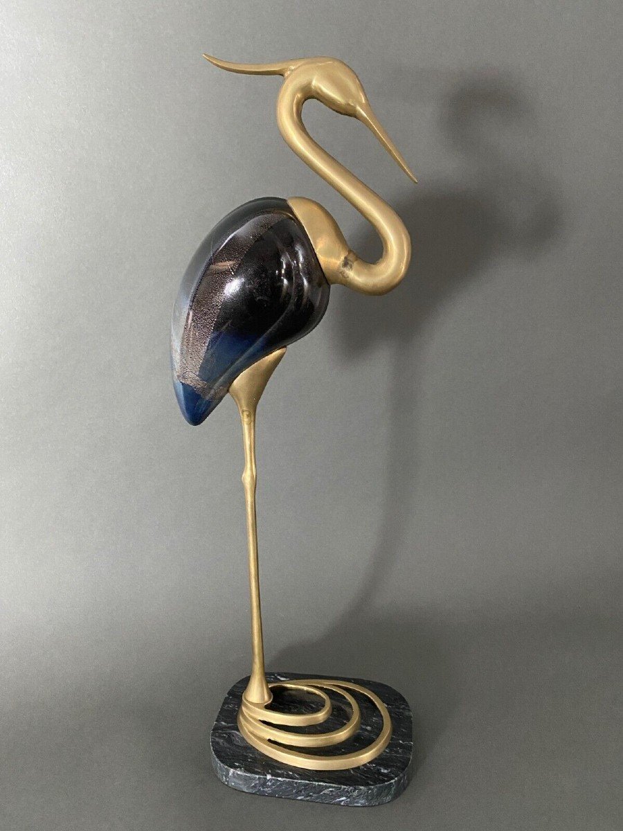 Grand échassier grue en bronze laque et marbre milieu XXe