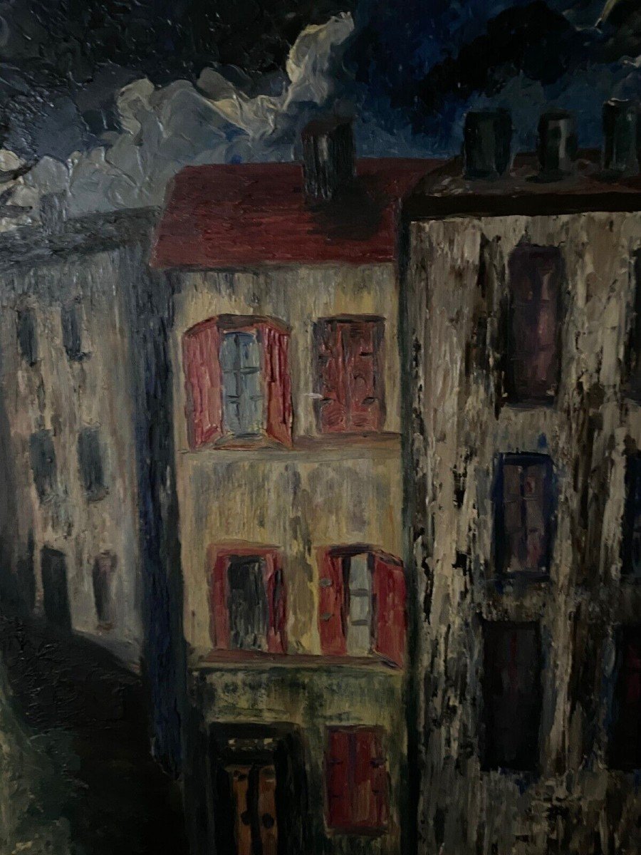 Huile sur panneau par Mick représentant une rue la nuit 1965-photo-1