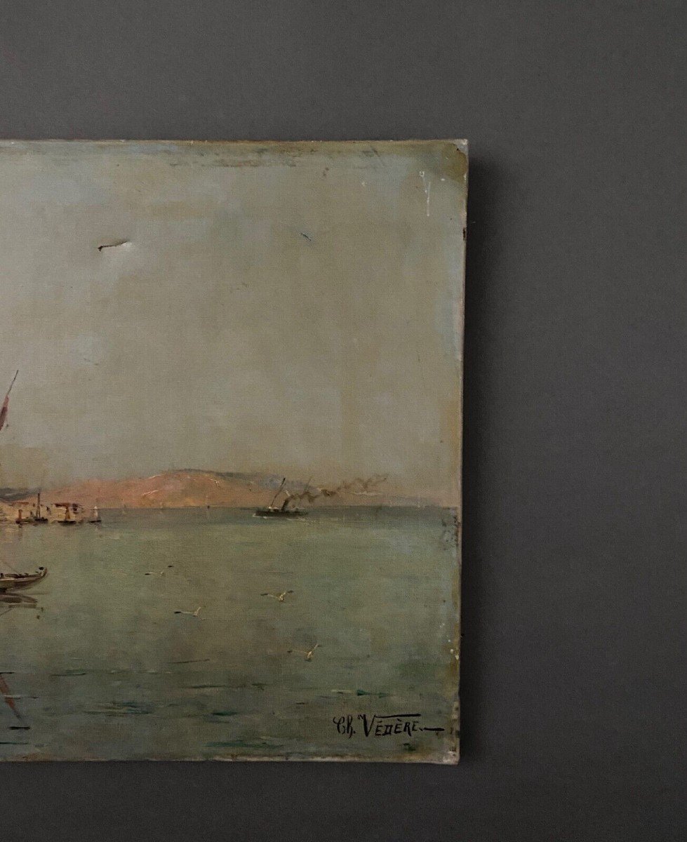 Oil On Canvas By Ch. Védère Representing A Port-photo-5