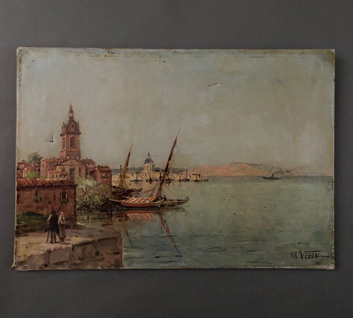 Oil On Canvas By Ch. Védère Representing A Port