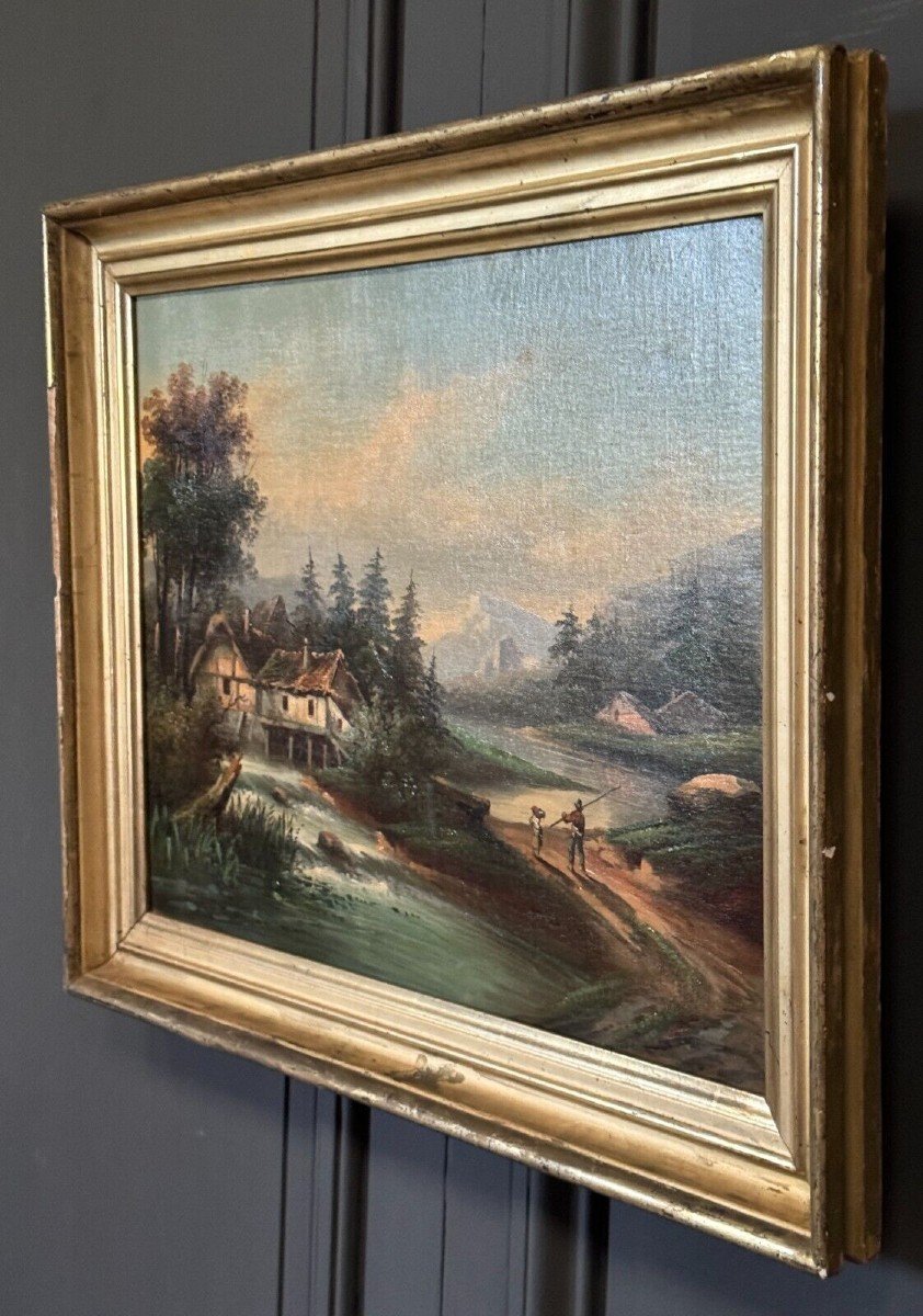 Oil On Canvas Riverside Landscape And Mountains In The Distance Late 19th Century-photo-4