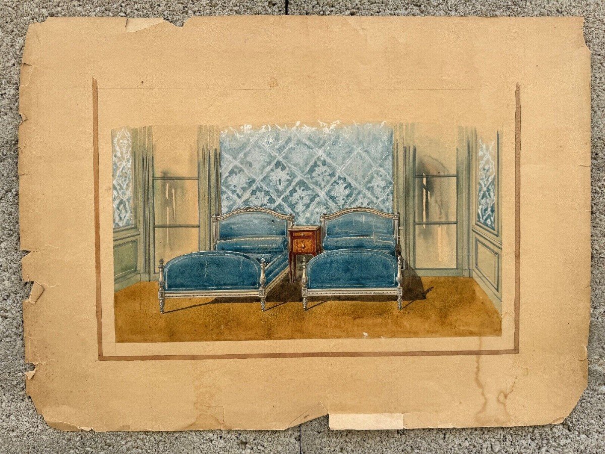 Projet décoration d'intérieur chambre style Louis XVI gouache XXe-photo-2