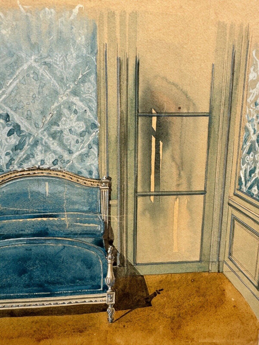 Projet décoration d'intérieur chambre style Louis XVI gouache XXe-photo-3