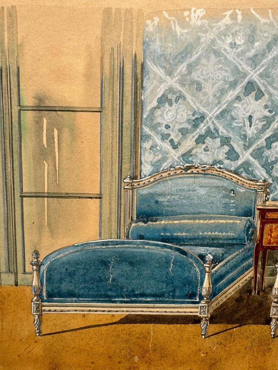 Projet décoration d'intérieur chambre style Louis XVI gouache XXe-photo-1