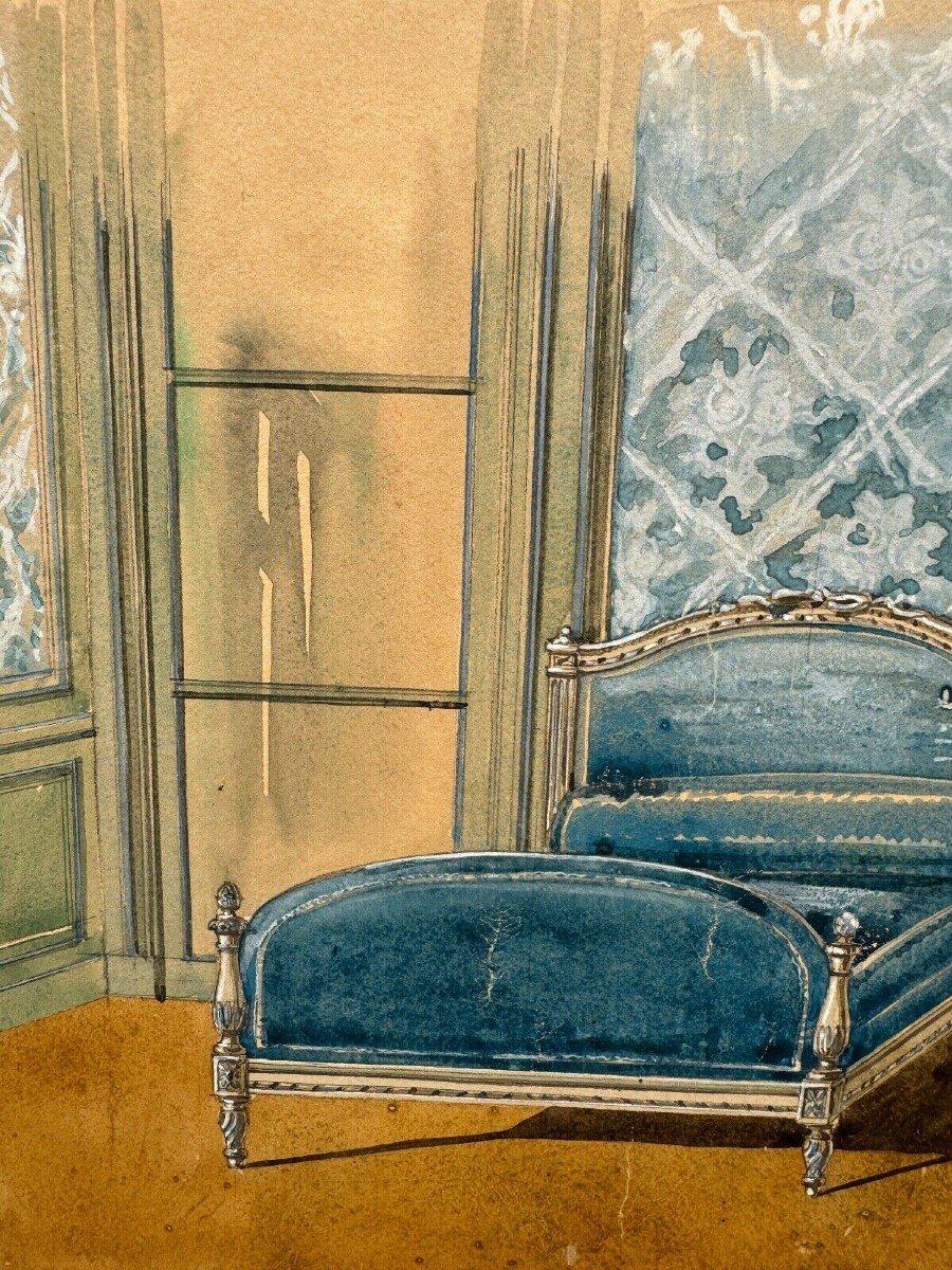 Projet décoration d'intérieur chambre style Louis XVI gouache XXe-photo-2