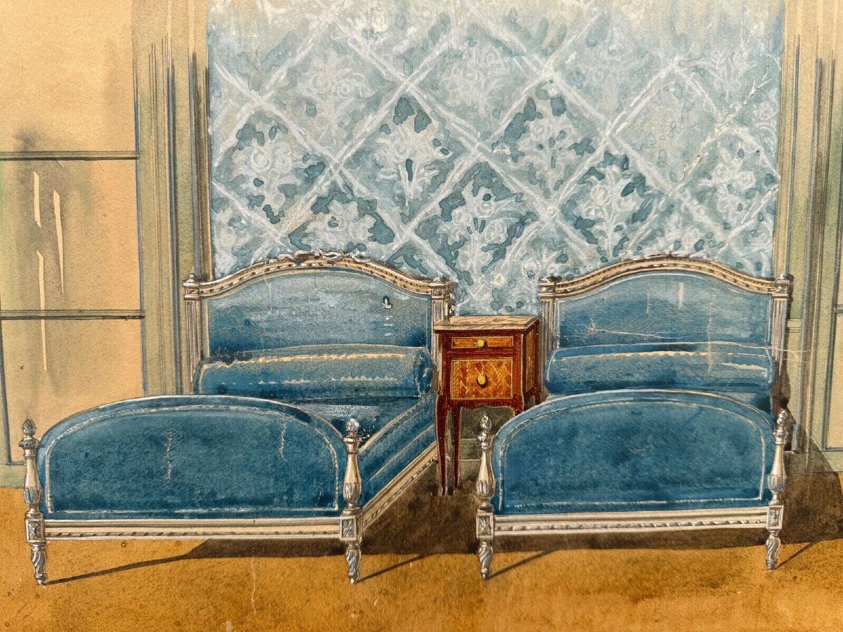 Projet décoration d'intérieur chambre style Louis XVI gouache XXe