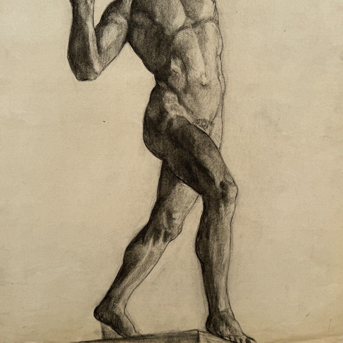 Academic Nude In Antique By Berger Dit Lheureux Biloul Charcoal 20th Century-photo-1