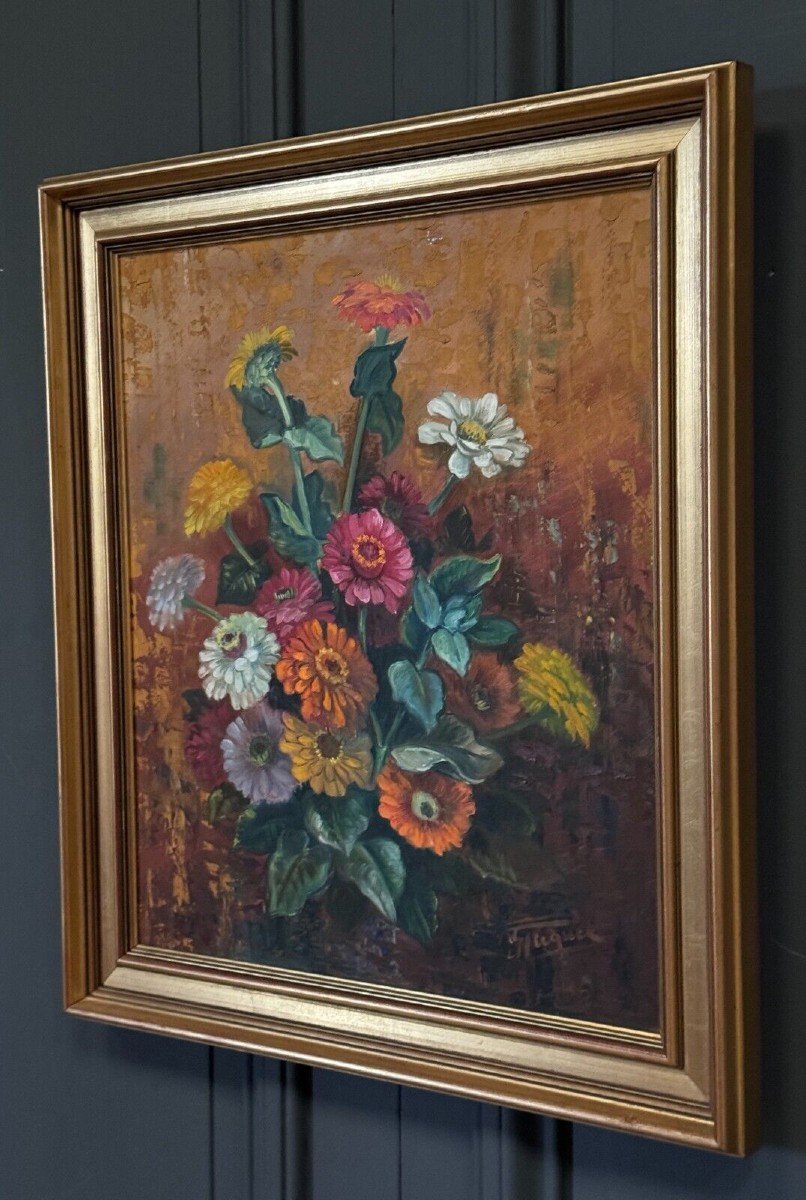 Oil On Panel By Picquet Still Life Bouquet Of Flowers 20th Century-photo-3