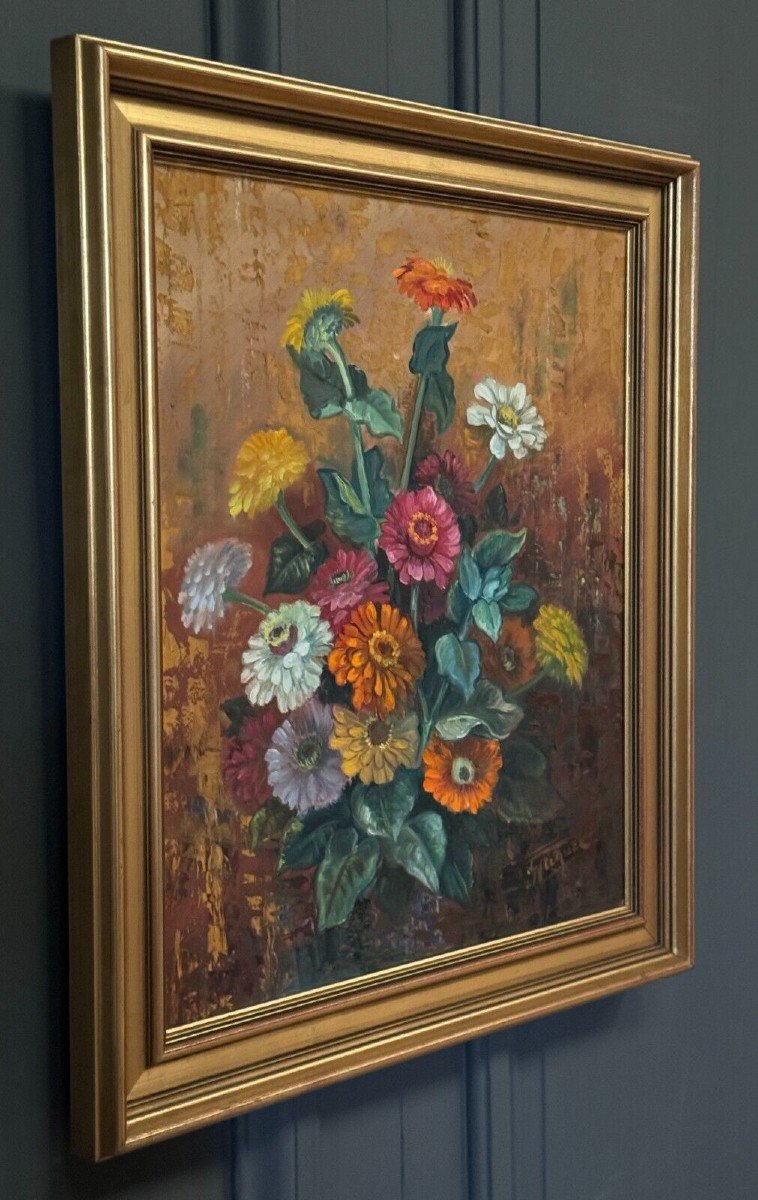 Oil On Panel By Picquet Still Life Bouquet Of Flowers 20th Century-photo-4