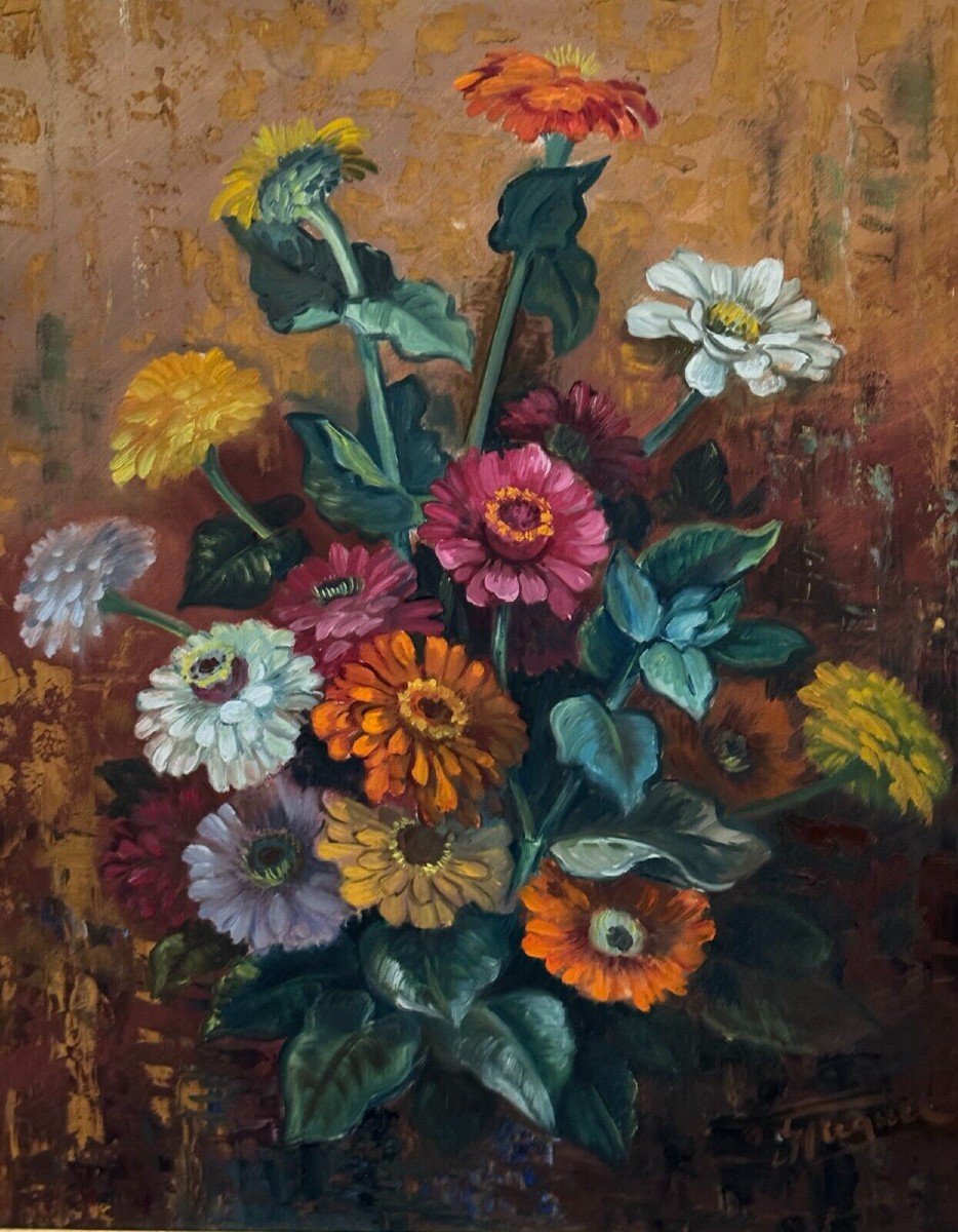 Oil On Panel By Picquet Still Life Bouquet Of Flowers 20th Century-photo-2