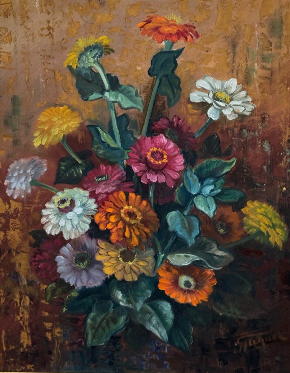 Huile sur panneau par Picquet nature morte bouquet de fleurs XXe-photo-2