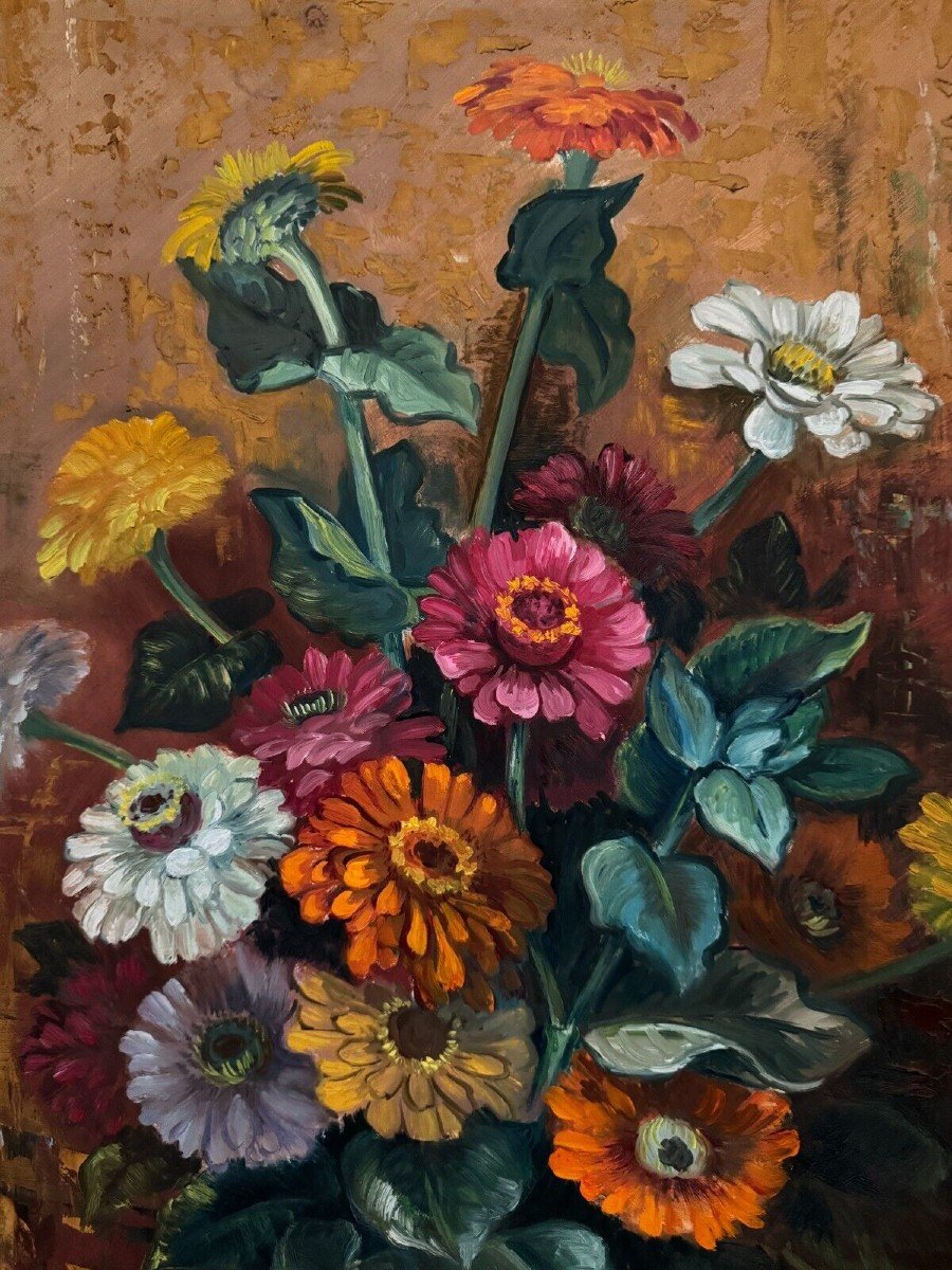 Oil On Panel By Picquet Still Life Bouquet Of Flowers 20th Century-photo-3