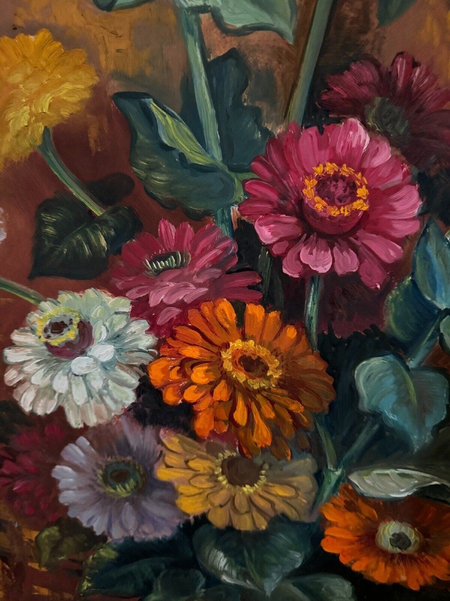 Huile sur panneau par Picquet nature morte bouquet de fleurs XXe-photo-4