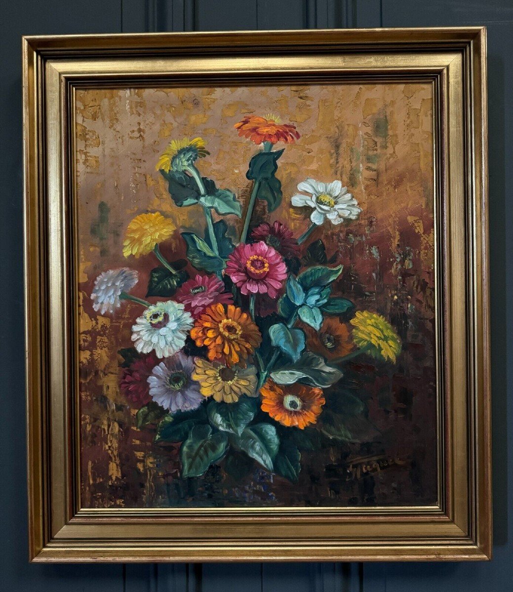 Huile sur panneau par Picquet nature morte bouquet de fleurs XXe