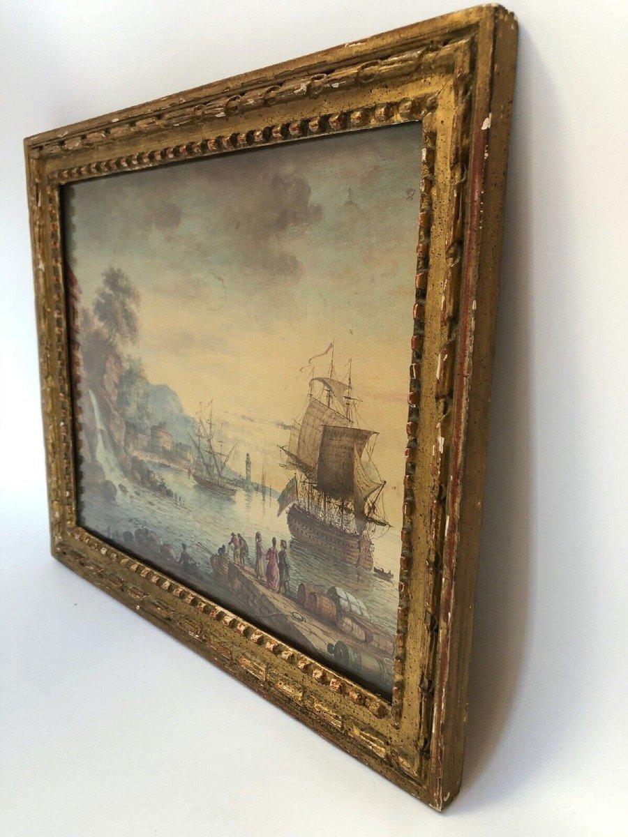 Aquarelle XVIIIe scène de port avec cascade et navires cadre en bois doré-photo-6