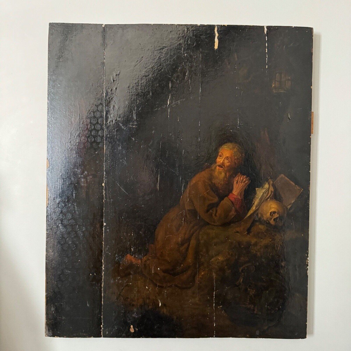 Scène dans le goût de Gerrit Dou XVIIe ermite à la Vanité huile panneau -photo-4
