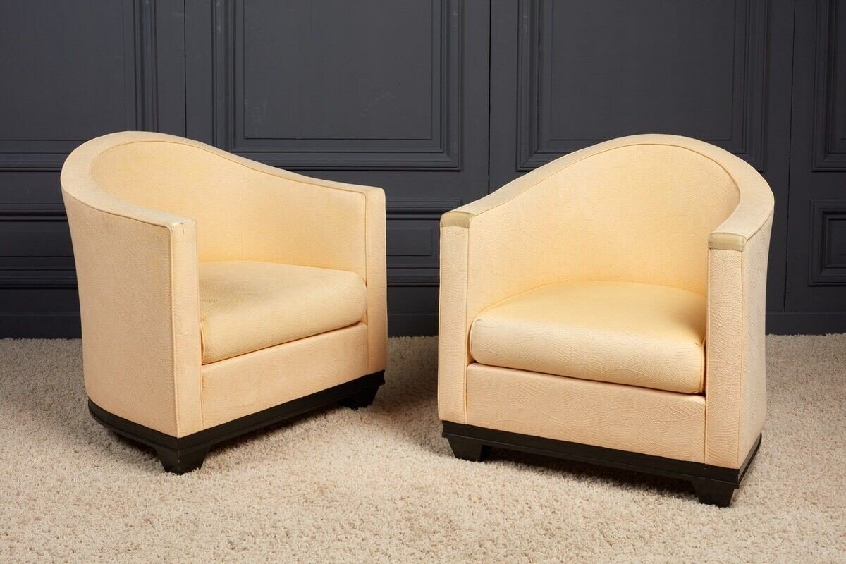 Paire de fauteuils First Time Art déco 1930 tissu crème structure bois-photo-2