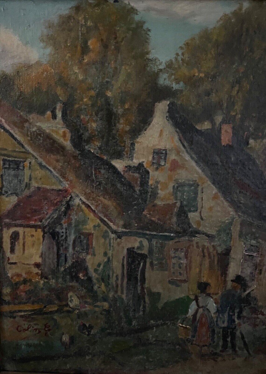 Oil On Panel By G. Colin Breton Landscape Street Scene Early 20th Century-photo-3