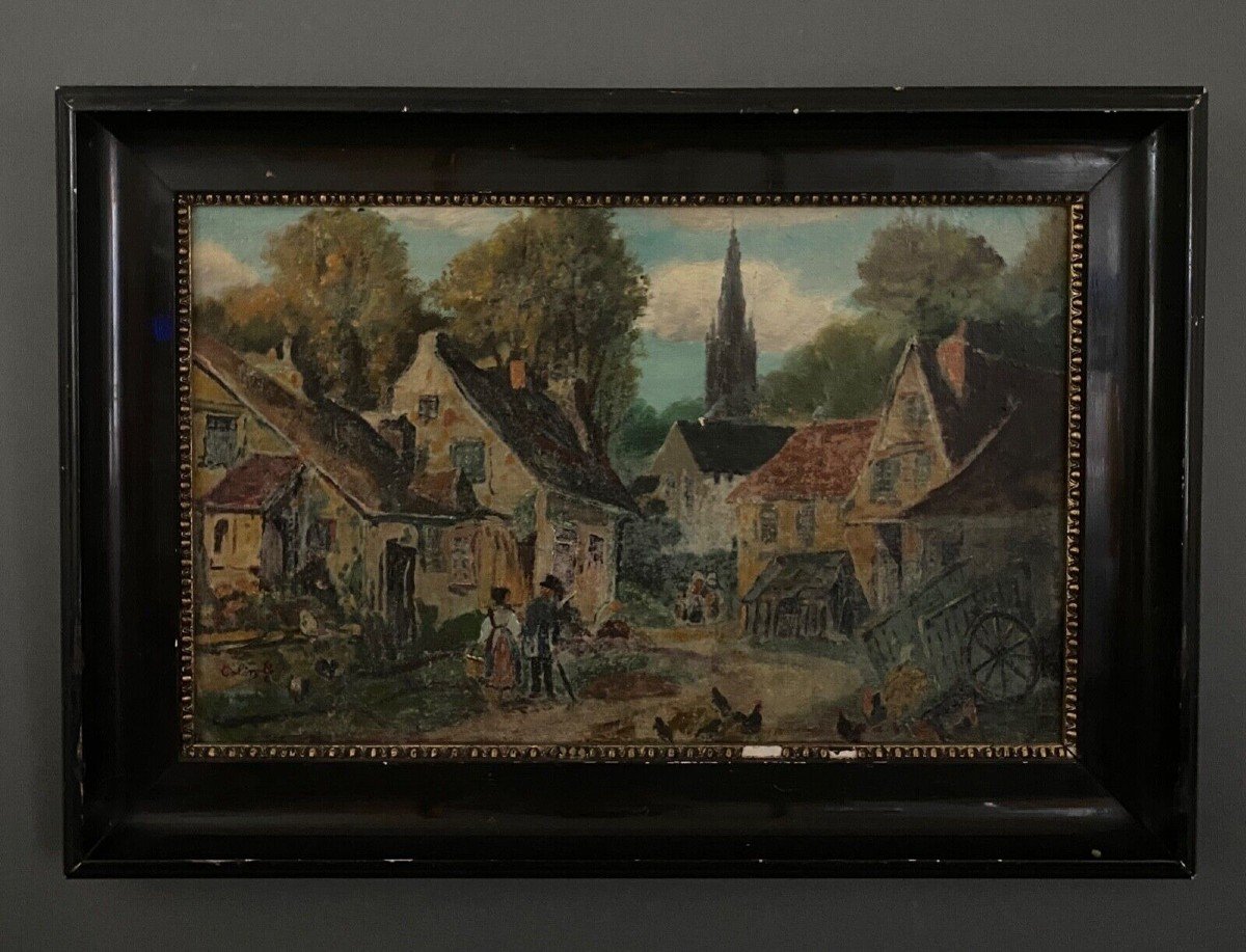 Oil On Panel By G. Colin Breton Landscape Street Scene Early 20th Century