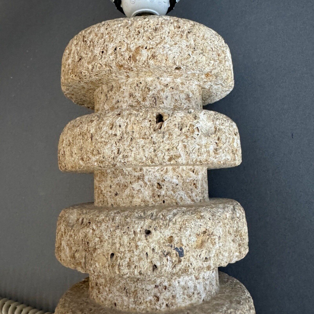 Lampe en pierre 1970 forme cylindrique abat-jour en velours-photo-4