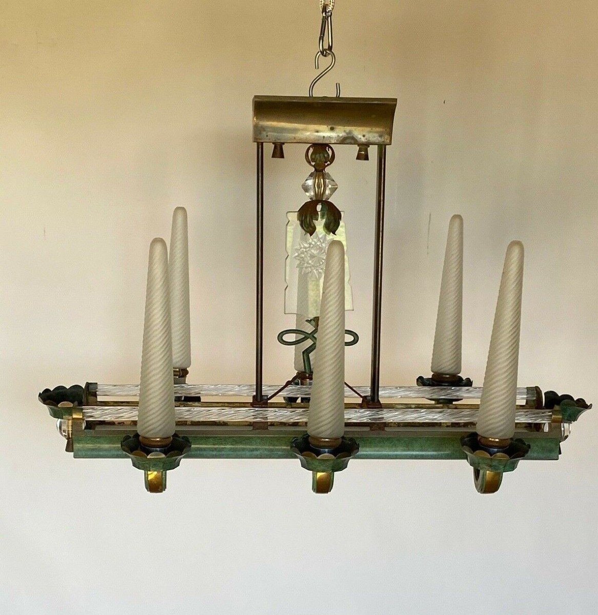 Chandelier 1940 6 Lights In Metal And Glass Rod With Frosted Plate Glass-photo-3