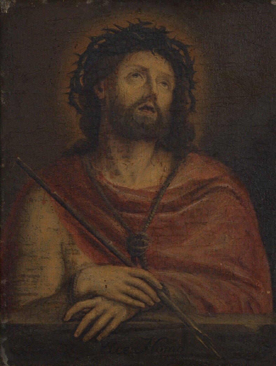 Huile sur toile Ecce Homo XIXe représentation du Christ en béatitude-photo-2