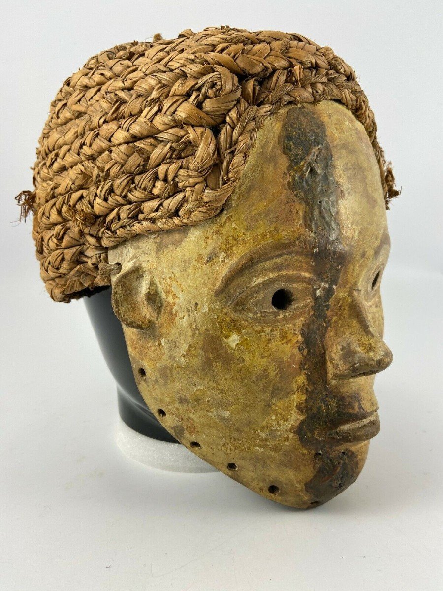 Masque en bois sculpté et osier tressé 1930 Afrique belle patine-photo-2