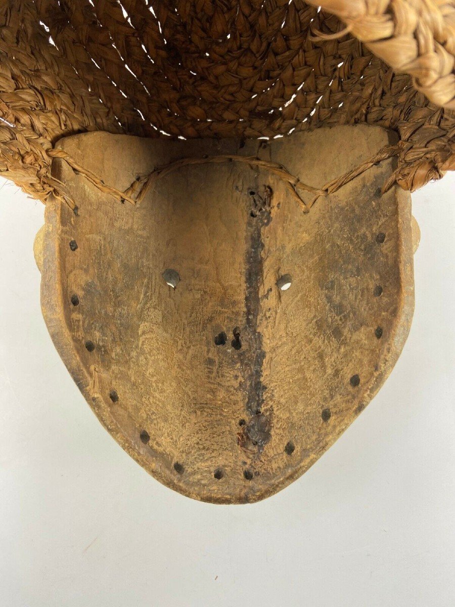 Masque en bois sculpté et osier tressé 1930 Afrique belle patine-photo-5