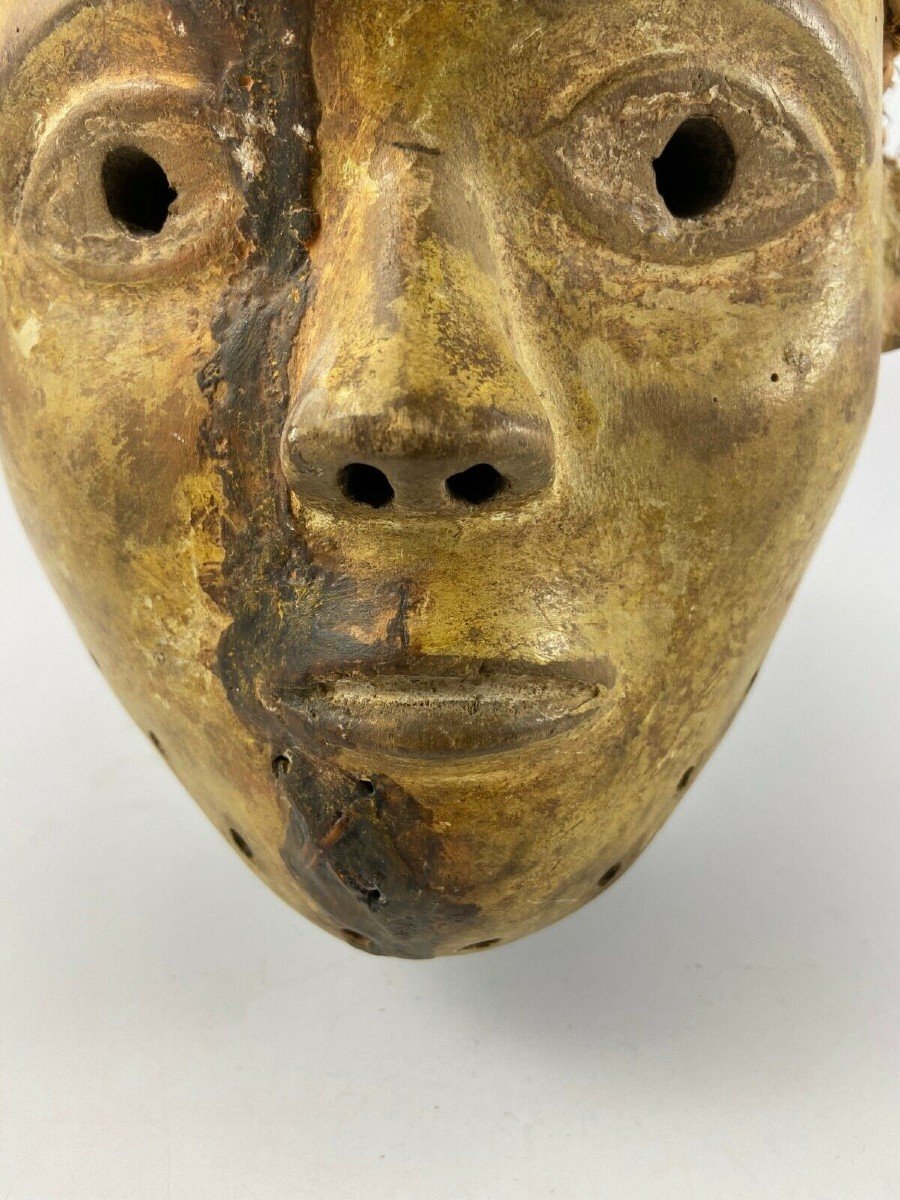 Masque en bois sculpté et osier tressé 1930 Afrique belle patine-photo-7