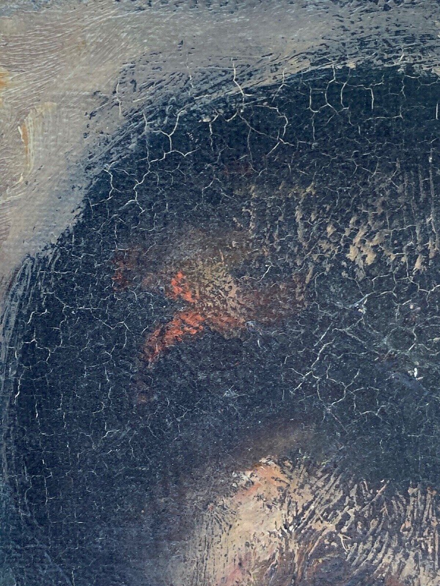 Huile sur toile signature rouge profil d'Amour de Putto XVIIe-photo-3