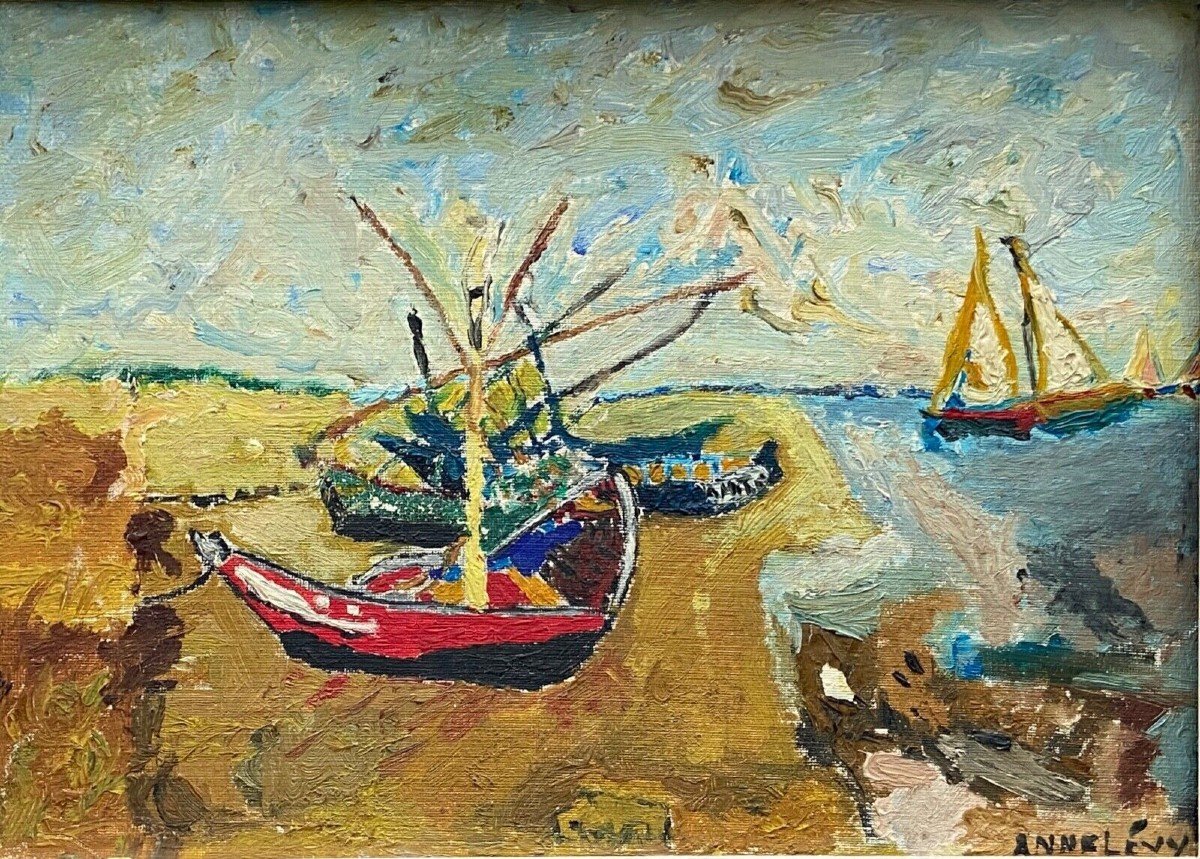 Huile sur panneau Anne Lévy scène de bateaux milieu XXe cadre cérusé-photo-2