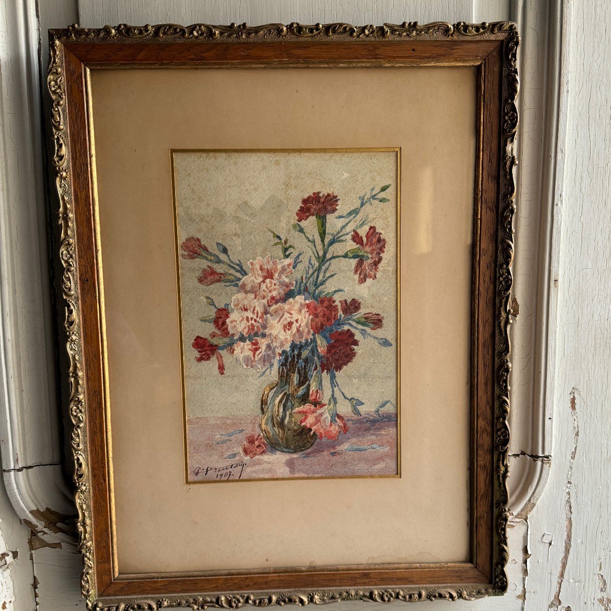 Aquarelle sur papier nature morte bouquet de fleurs par Beutizzy 1907-photo-2