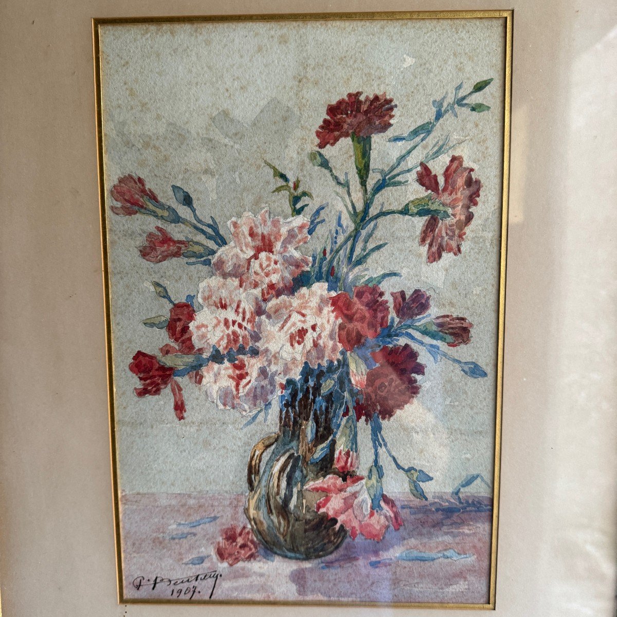 Aquarelle sur papier nature morte bouquet de fleurs par Beutizzy 1907-photo-3