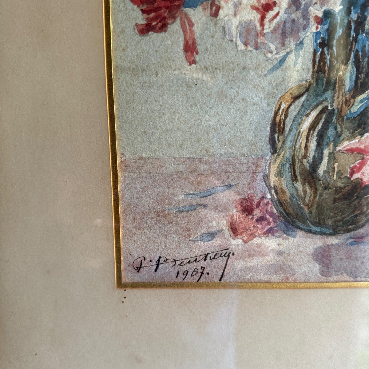 Aquarelle sur papier nature morte bouquet de fleurs par Beutizzy 1907-photo-4