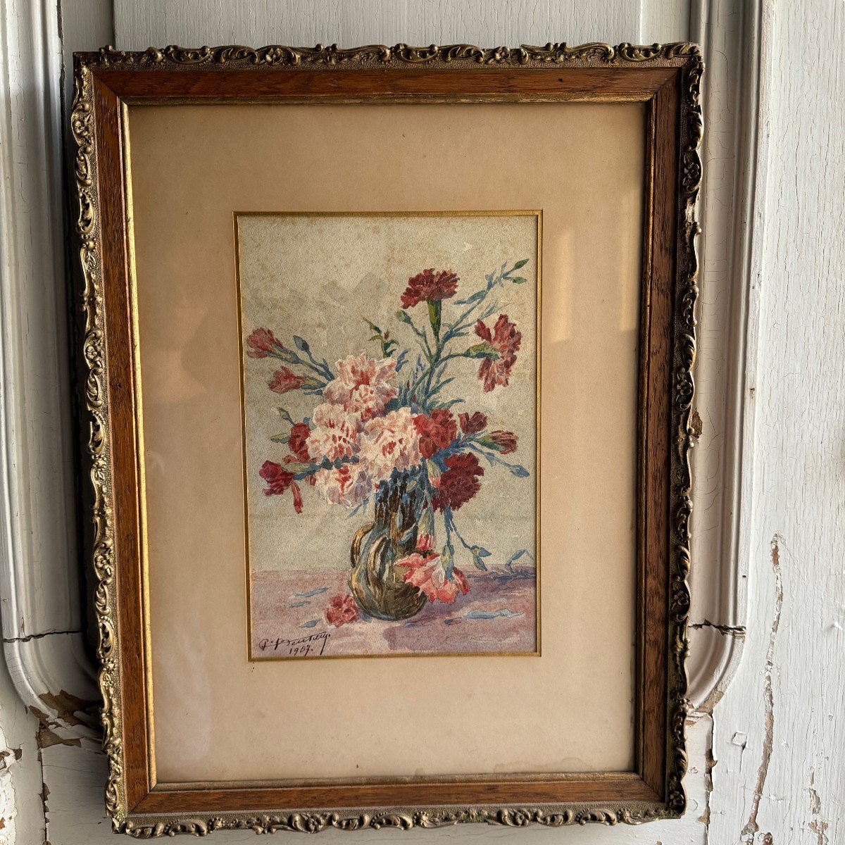 Aquarelle sur papier nature morte bouquet de fleurs par Beutizzy 1907
