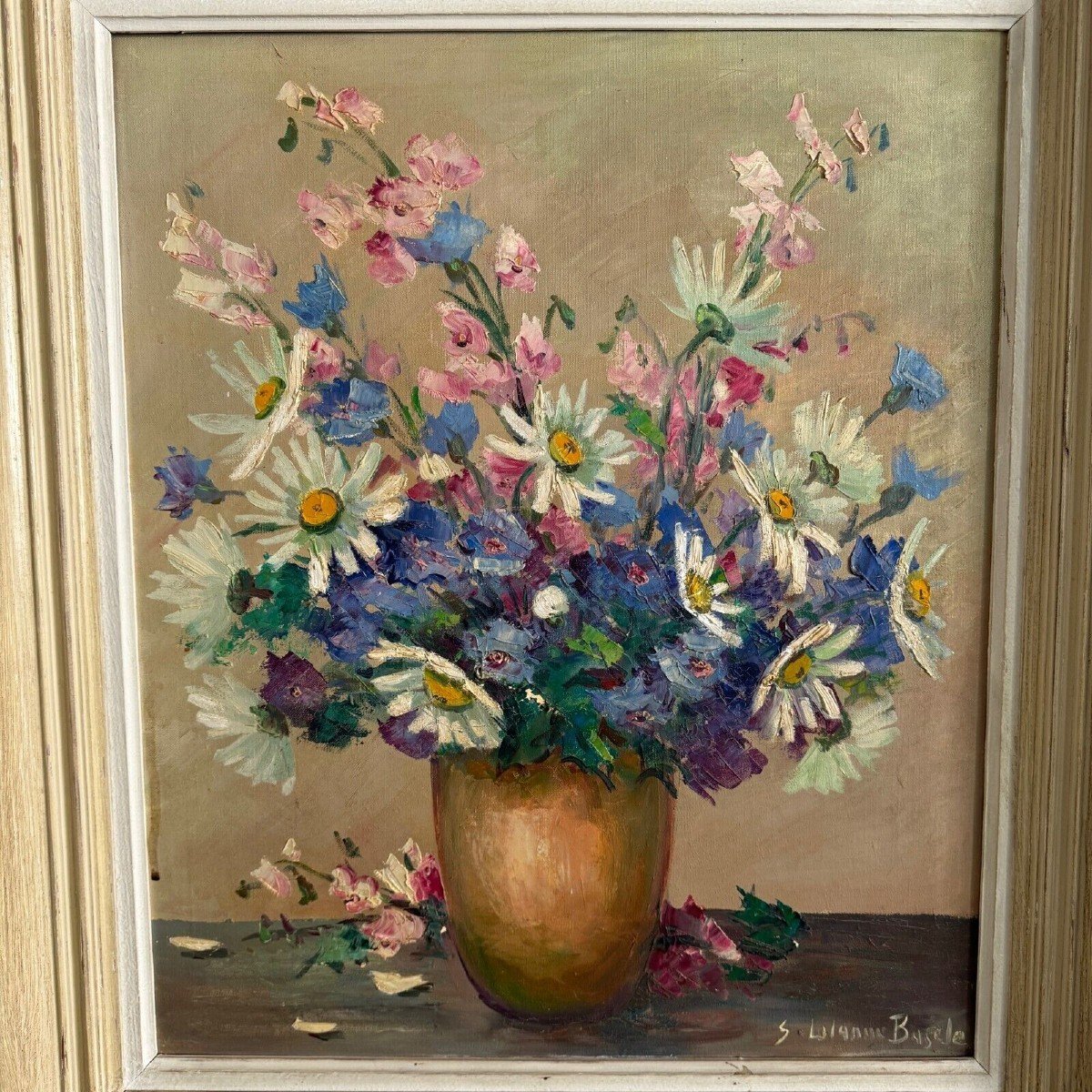 Huile sur toile par S. Lalanne Bascle nature morte milieu XXe-photo-2