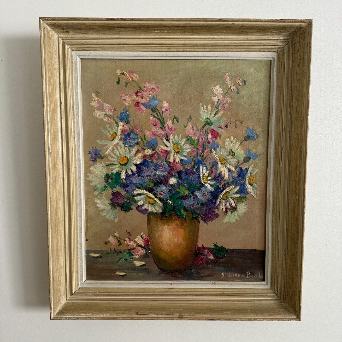 Huile sur toile par S. Lalanne Bascle nature morte milieu XXe