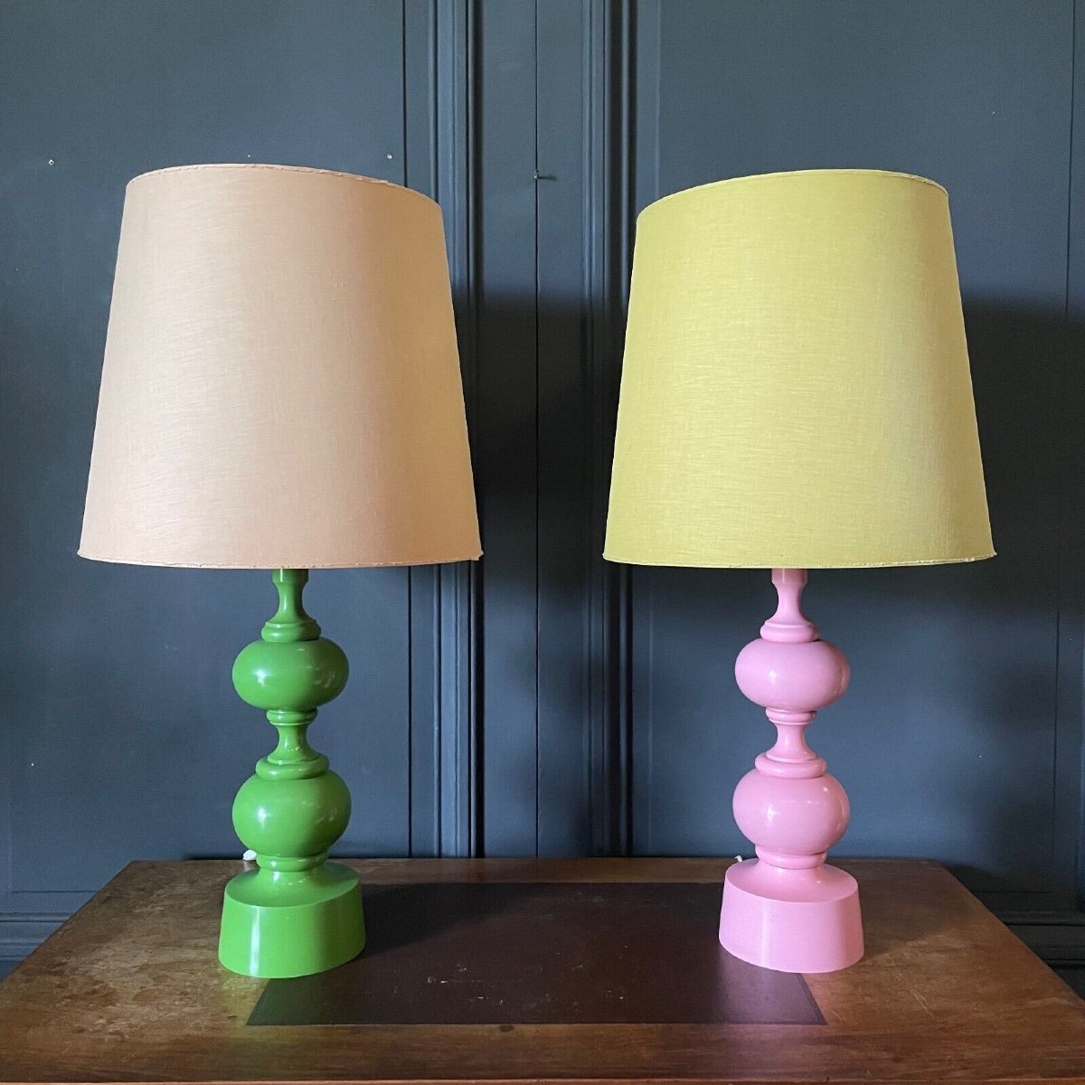 Pair Of Pink And Green Lamps 1970 Original Lampshade French Design-photo-2