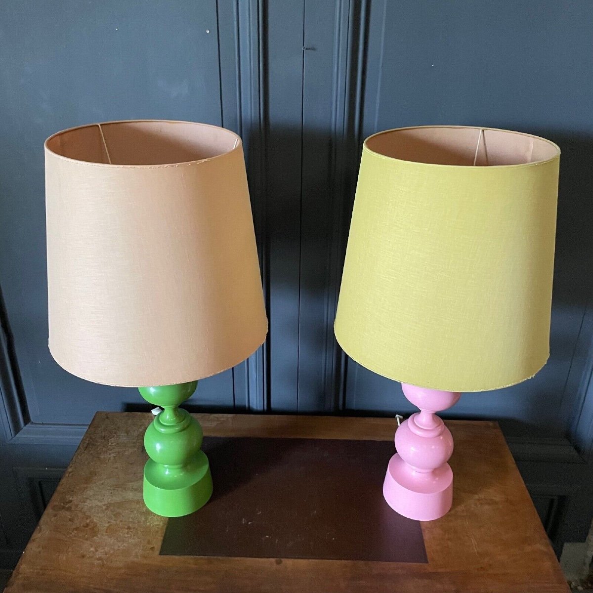 Pair Of Pink And Green Lamps 1970 Original Lampshade French Design-photo-1