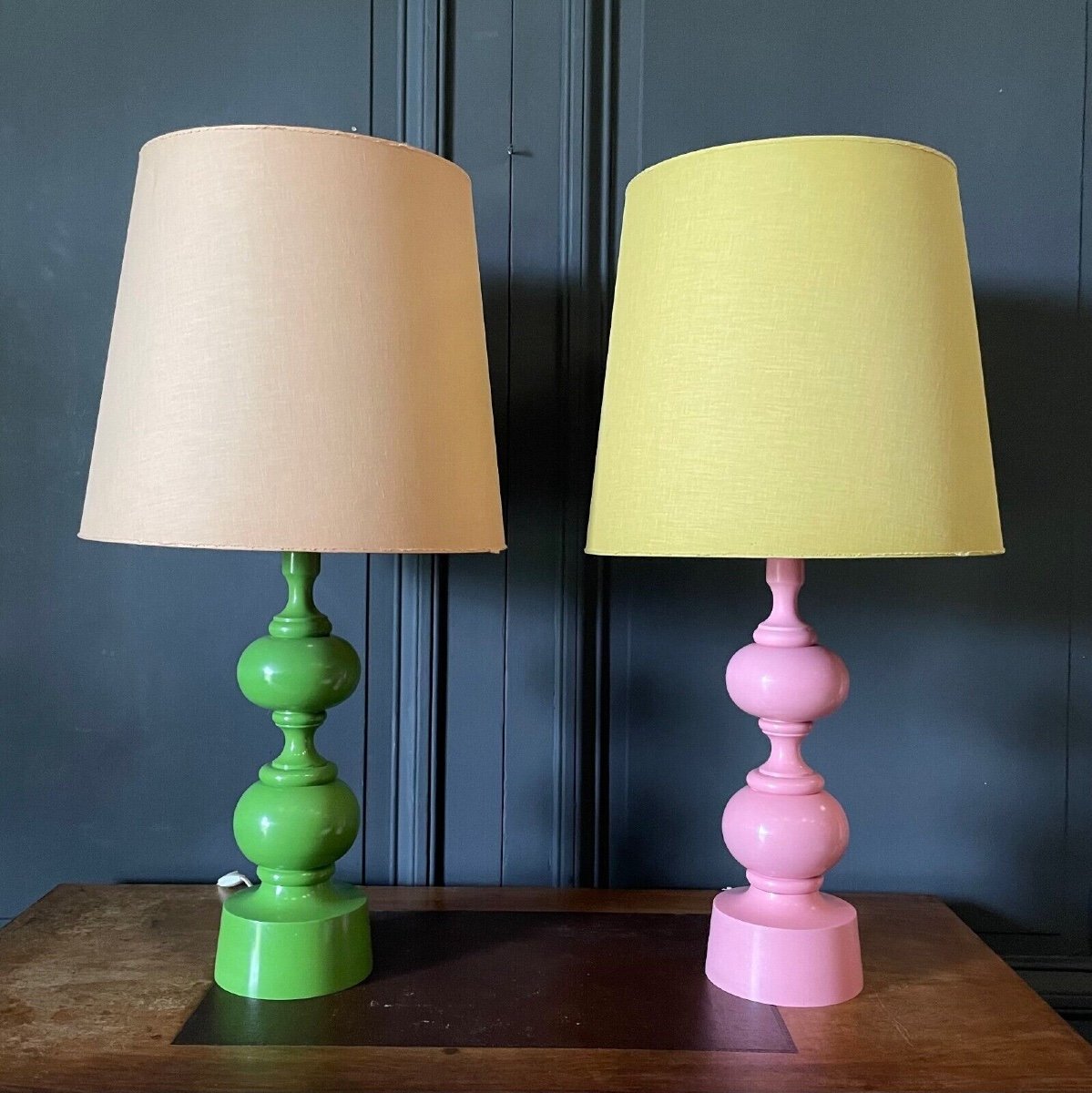 Pair Of Pink And Green Lamps 1970 Original Lampshade French Design