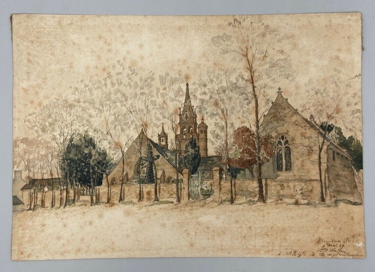Aquarelle sur papier par Paul Wallon église cimetière Ploujean 2 mai 87-photo-2