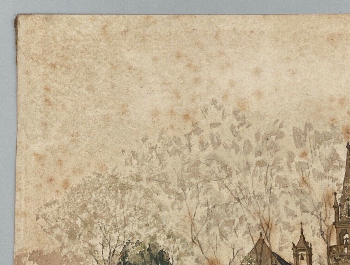 Aquarelle sur papier par Paul Wallon église cimetière Ploujean 2 mai 87-photo-4