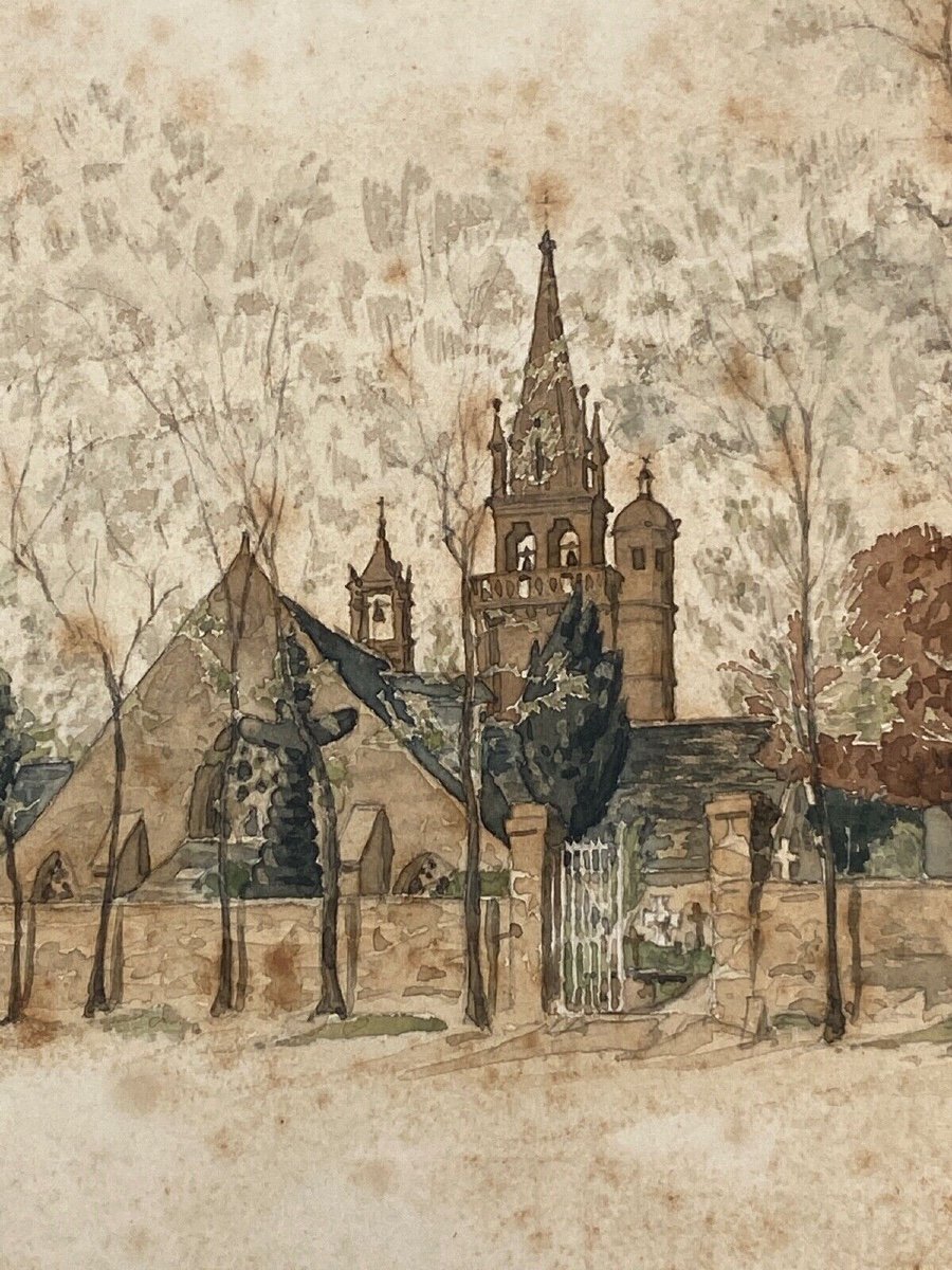 Aquarelle sur papier par Paul Wallon église cimetière Ploujean 2 mai 87-photo-5