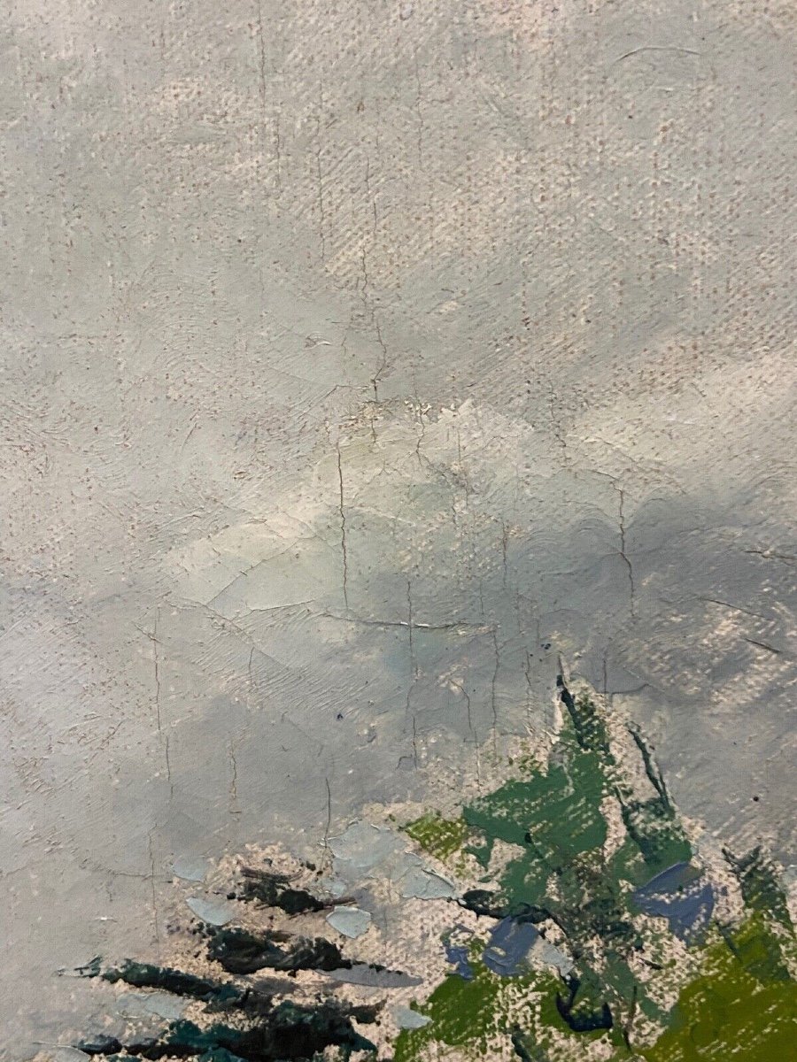 Oil On Canvas Farmer Landscape With Fields Village -photo-7