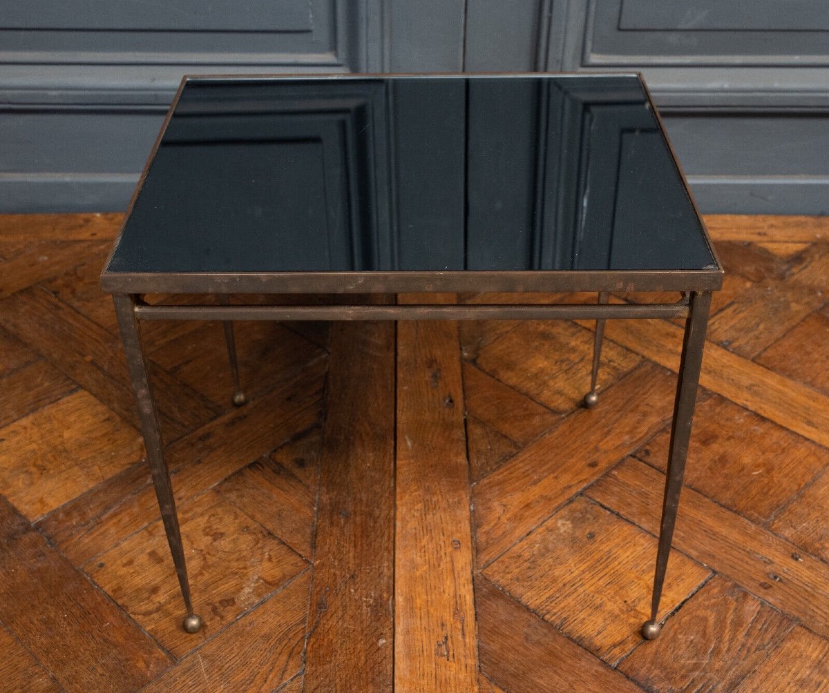 Table d'appoint bout de canapé 1960 métal doré verre fumé pieds boules-photo-2